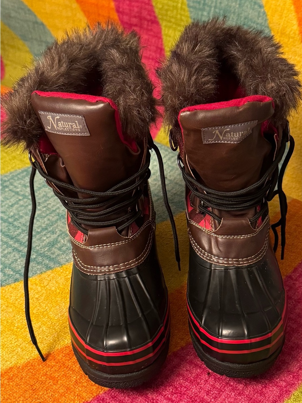Naturalizer Brown and Red Women's Lace-Up Winter Rain Boots